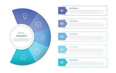 Naklejka na ściany i meble 5-circle infographics are versatile visuals using five interconnected or segmented circles to represent processes, data shares, or concepts like business cycles.