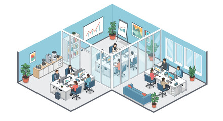 Obraz premium Isometric illustration of a modern open plan office space with employees
