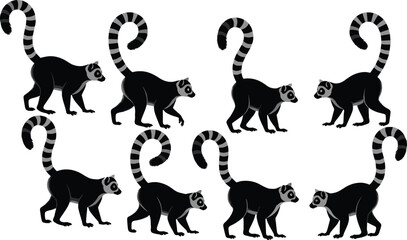 Ring-tailed lemur silhouette set featuring primate animal Madagascar wildlife nature exotic species tropical fauna zoo safari conservation and mammals silhouettes collection. © Jannatun