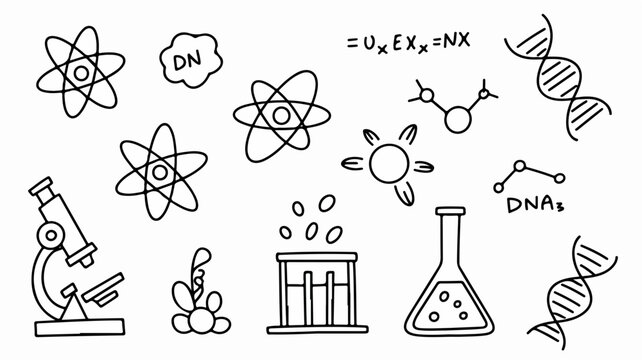 Science doodle set featuring microscope atom dna and laboratory equipment illustrations in a simple black and white style ideal for educational materials