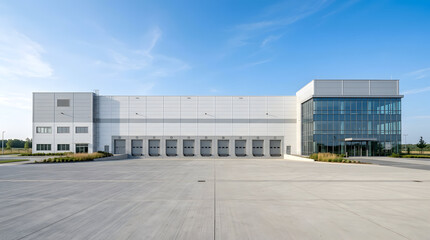 Modern Industrial Factory Exterior Under Clear Blue Sky