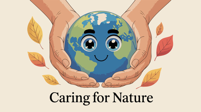 Caring for nature illustration with smiling earth and leaves surrounding gentle hands
