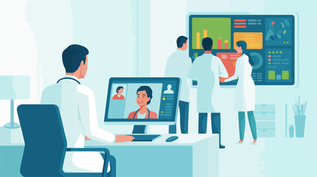 Medical professionals collaborating in a modern office setting with digital screens and data visualization