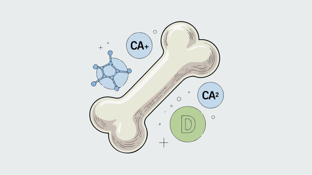 Vector illustration of a dog bone surrounded by calcium ions and a molecular structure symbolizing nutrition and health