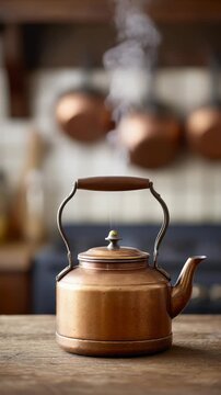 Copper teapot steaming on rustic kitchen counter with simmering ambiance
