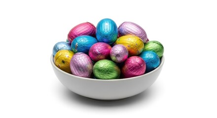 A ceramic bowl filled with colorful, foil-wrapped chocolate Easter eggs. The eggs are various shades of blue, pink, green, yellow, and purple.