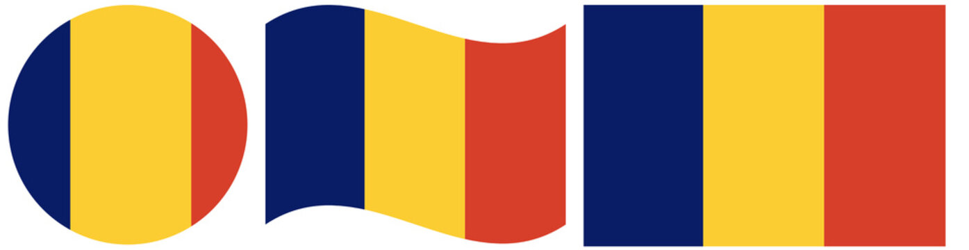 Flag of Chad collection. Waving flag of Chad isolated, round flag of Chad in circle shape isolated.