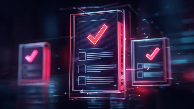 Digital checklist with glowing red checkmarks, signifying completion and approval