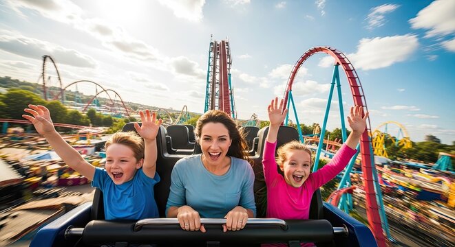 A family enjoying a thrilling roller coaster ride at an amusement park.