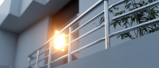 Fototapeta premium Modern balcony design with metal railing and plants viewed at sunset in a 3D rendering of an apartment building exterior