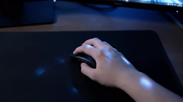 Close-up of a hand using a computer mouse on a black desk