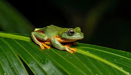 Obraz premium Green tree frog sitting on a tropical leaf in cinematic natural lighting 