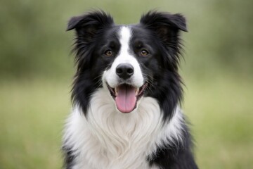 Fototapeta premium Happy Border Collie dog with black and white fur looking directly at the viewer while panting with its tongue out, enjoying a playful summer day outdoors