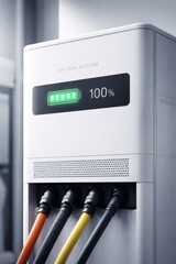 Battery system unit showing 100 percent on its digital display with multiple power cables connected at the base, symbolizing full capacity energy storage and backup power for grid and industry