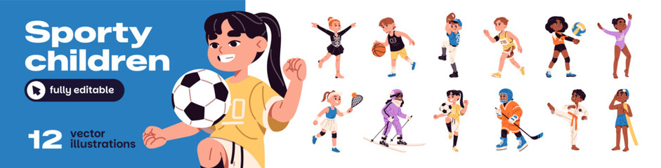Child sports set. Happy kids play games: football, volleyball, ice hockey, soccer, basketball and baseball. Children are skiing, running and training. Flat isolated vector illustrations on white © Paper Trident