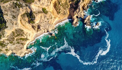 Aerial View of Rocky Coastline with Waves.