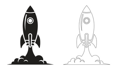 Obraz premium Monochrome illustration of a rocket launching with solid silhouette and outline versions