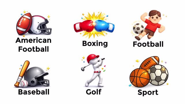 Sports Icons Animation Set , American Football, Boxing, Baseball, Golf and Soccer Cartoon Collection 4K