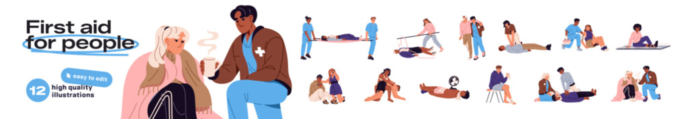 Fototapeta premium Emergency first aid set. Doctors and paramedics rescue victims of accidents, heart attack, injuries and traumas. Help for people, CPR, bandaging. Flat isolated vector illustrations on white background