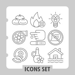 Set of nine thin line icons, collection depicts diverse modern themes including food, health, safety, environment and finance. Ideal for digital projects on white background.