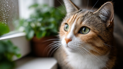 Curious cat gazing out rainy window with lush greenery indoors