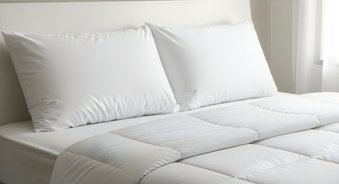 Luxury white bedding set with fluffy pillows on modern minimalist bed in bright bedroom interior