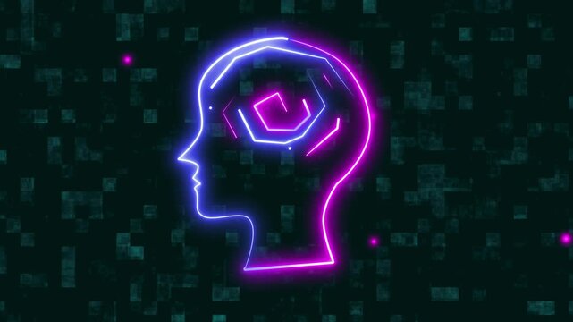 Neon Silhouette of a Human Head with Swirling Brain and Digital animated Background, Human Head profile with glowing blue and purple neon outline with dark digital background animated.