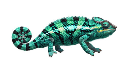 Fototapeta premium A vivid green and black chameleon with a curled tail stands out against a stark black background.