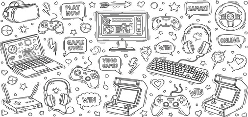 Video Game Doodle Background with Consoles Controllers Laptop Headphones and Arcade Elements for Gamer Poster Streaming Banner and Gaming Design © Md Monjurul