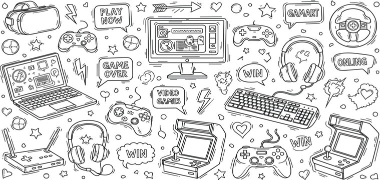Video Game Doodle Background with Consoles Controllers Laptop Headphones and Arcade Elements for Gamer Poster Streaming Banner and Gaming Design