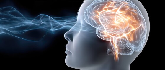 Man with burning brain shows thoughts and ideas, fire and smoke come from head, dark background adds to expression of deep thinking and intensity