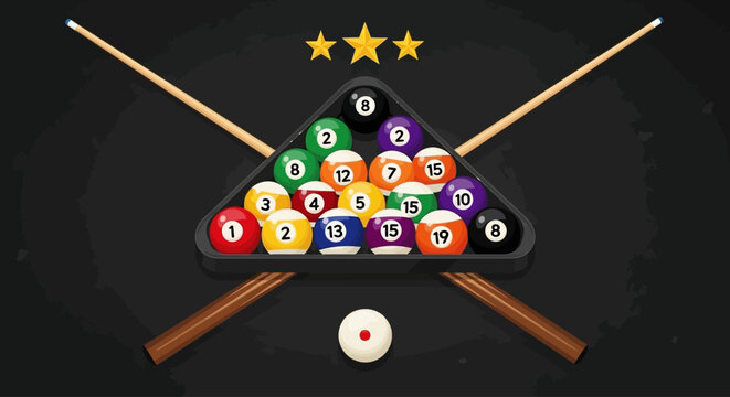 Billiards balls arranged in a triangle on a table with crossed cues and a white cue ball in front