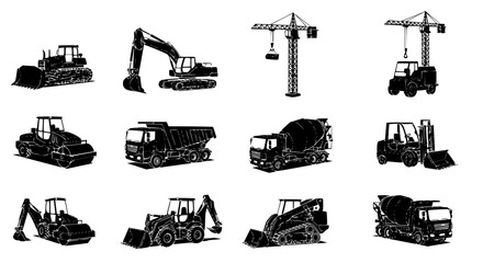 Obraz premium Professional Construction Equipment Silhouette Icons – Detailed Vector Heavy Machinery Collection