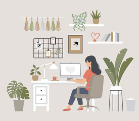 Fototapeta premium Female entrepreneur working from home in cozy home office. Modern flat vector illustration with plants, desk, computer and minimalist decor. Remote work, freelance lifestyle concept