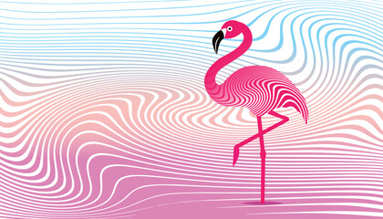 Fototapeta premium Wonderful flamingo with wavy pattern on sunset background