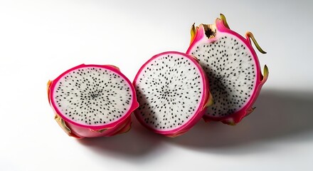 Fresh dragon fruit sliced open showing vibrant pink and white flesh on clean minimal background. Exotic tropical fruit concept with healthy and refreshing appeal.