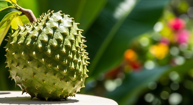 Fresh soursop fruit with green spiky skin in tropical garden background blur. Exotic fruit concept highlighting natural texture, organic harvest, and healthy nutrition.