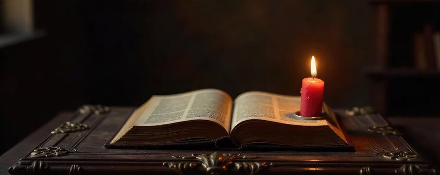 A single, flickering candle illuminates a worn, leather-bound book resting on an ornate altar, symbolizing solace and spiritual peace after a heartfelt confession ,  peace,  religion