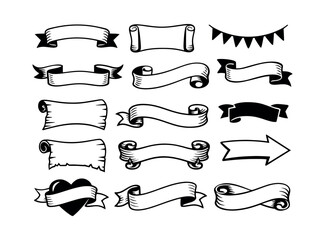 Collection of isolated black and white scroll ribbons, decorative banners, classic flags, arrow, and heart symbol on white background