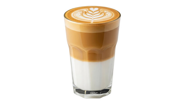 Isolated Iced latte macchiato coffee drink in clear glass cup with artistic heart design