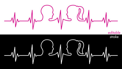Fototapeta premium Editable stroke line love couple, man, woman head, line art vector. Heart rhythm ekg vector design to use for love, healthy lifestyle, emotion, romance concept illustration projects. 
