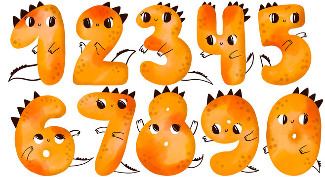 Cute Dinosaur Numbers 0-9 Watercolor Illustration Set. Hand Drawn Kids Learning Collection Perfect For Nursery Wall Art Birthday Designs T Shirts Stickers Preschool Posters And Educational Materials.