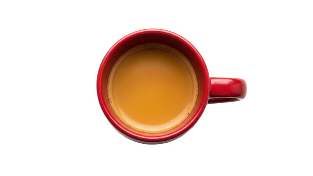 Isolated overhead of dark red mug full of coffee with handle on side, aerial perspective