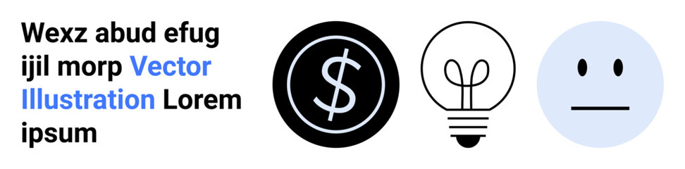 Finance, innovation, emotions, design concepts, simplicity, communication. Black dollar sign, light bulb and neutral face in minimalistic style. Finance and innovation visually © robu_s