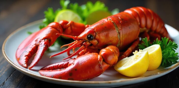 A succulent, glistening lobster, perfectly cooked and ready to be enjoyed Served with drawn butter and lemon wedges, a classic seafood feast awaits , delicious, succulent, high-quality