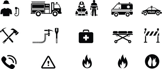 Emergency service and rescue icon set featuring firefighter, ambulance, police car, medical aid, warning and safety symbols © rakib's world