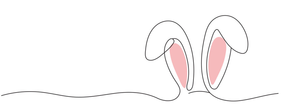 A solid line drawing of an Easter bunny. A greeting banner design featuring a bunny and ears in a simple line style. Editable line art. Vector illustration.