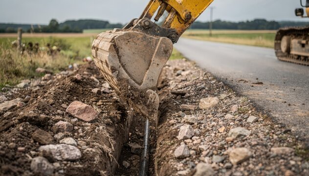 Medium shot of excavator carefully digging narrow trench for underground conduit in rocky rural roadside easement main machinery in sharp focus against blurred farmland background.