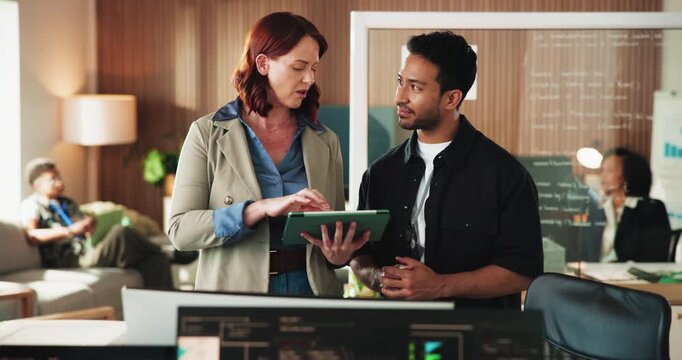 Tablet, coding and team of business people in office with discussion for website development project. Digital technology, meeting and coders with programming for software update at startup agency.