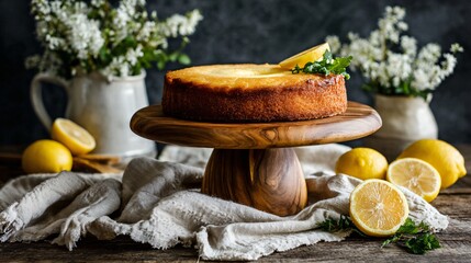 A lemon ricotta cake served on a wooden cake stand with linen napkins creates a farmhouse aesthetic